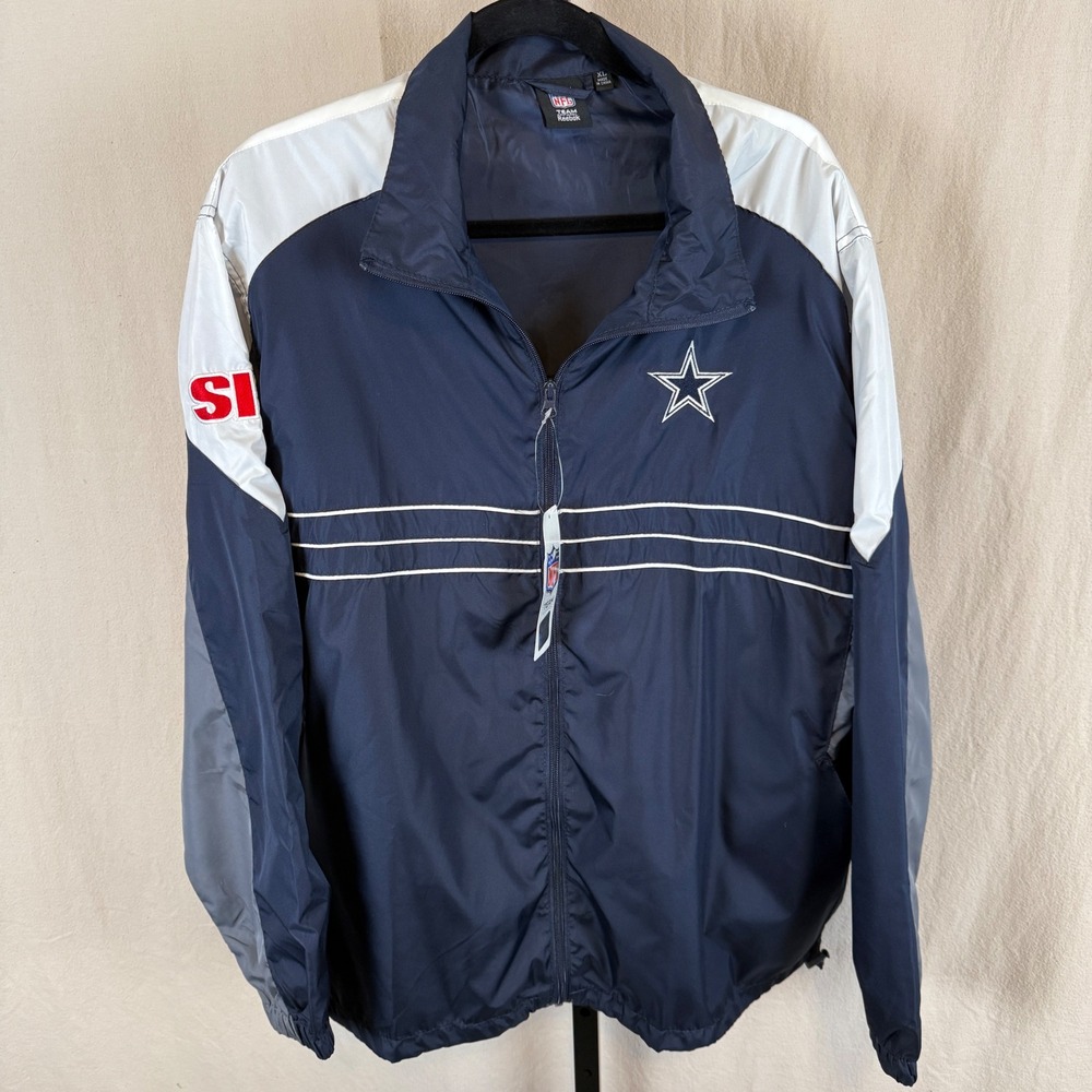Reebok NFL Dallas Cowboys Windbreaker Jacket Navy Blue White Grey Mens XL New